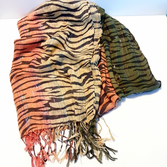 Tri-colored Tiger Striped Fashion Scarf, Green Orange Gold Fringed - Picture 2 of 8